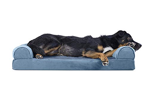Furhaven Large Cooling Gel Foam Dog Bed Faux Fur & Velvet Sofa-Style w/Removable Washable Cover - Harbor Blue, Large