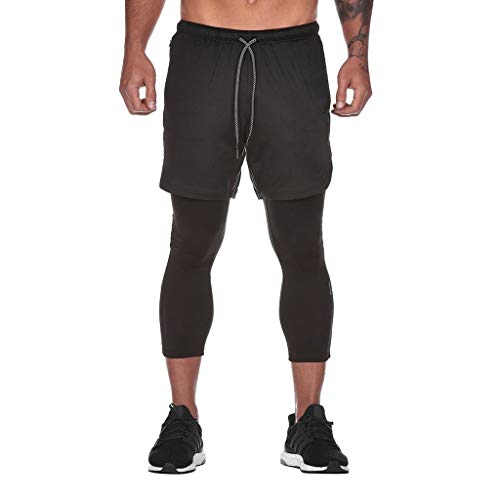 Men's Training Running 2 in 1 Fake Two Piece Pants with 3/4 Compression Tights Trousers Goosun Slim fit Leggings for Fitness Running Yoga Sport Trousers Black