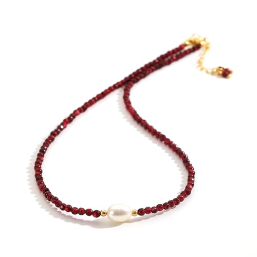 Flourisit Gemstone Beaded Necklace with Freshwater Pearl,Natural Handmade Irregular Pearl Necklace for Women,14k Gold Plated February Birthstone of Choker Gift for Mom, Girlfriend, Wife