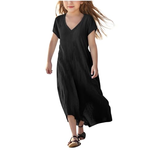 Girls Linen Dresses Short Sleeve V Neck Dress Travel Sundresses Vacation Trendy Maxi Dresses Boho Beach Clothes