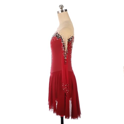 Vestido de patinação artística, malha de temperamento com strass e mangas na ponta dos dedos, fantas