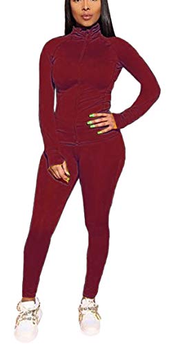 Tracksuit Womens Two Piece Outfits Zip Up Crop Top + Skinny Long Pants Sweatsuits Jogging Suits Jumpsuits XX-Large Wine Red