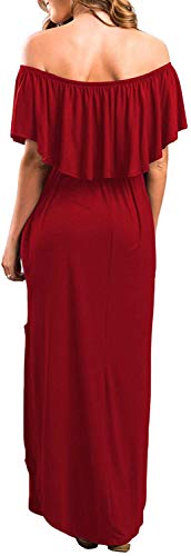 Image of Sarin Mathews Womens Off The Shoulder Ruffle Party Dress Casual Side Split Beach Long Maxi Dresses with Pockets