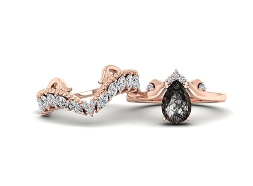 Black Gothic Wedding Ring Set, Pear Cut Black Rutilated Quartz, Crystal Crown Band, 2 Pieces3