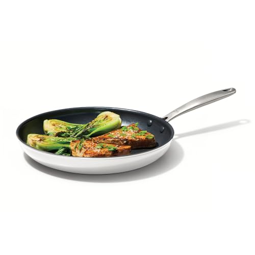 Image of OXO Enhanced 12 inch Frying Pan Skillet, PFAS-Free Ceramic Nonstick Cookware, Stainless Steel Handle, Eggs & Omelets, Dishwasher & Oven Safe, Optic White