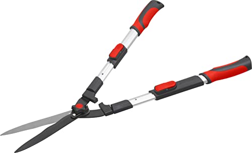 Meister Heckenschere - 2K-Teleskopgriffe - Extra lange Schneide - Wellenschliff & Antihaft-Beschichtung - Zum Zurückschneiden von Heckenpflanzen / Buchsschere / Gartenschere / Beidhandschere / 9769100, silber,schwarz,grün