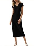 Wenrine Vestido Midi de manga corta para mujer, cuello en V, vestido largo, color liso, camiseta de verano, Negro , XXL