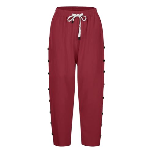 Cotton Linen Capri Pants for Women Gauze Drawstring Boho Side Buttons Wide Leg Trousers Beach Vacation Clothes4