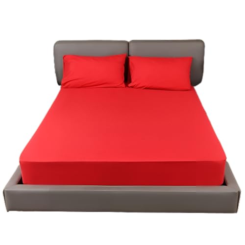 Fitted Sheet 25CM Deep Bed Sheet Single Size 90X190CM Red Hotel Quality Poly Cotton (Red, Single 25 CM)