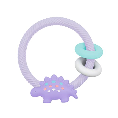 Itzy Ritzy Silicone Teether with Rattle, Features Rattle Sound, Two Silicone Rings and Raised Texture to Soothe Gums, Ages 3 Months and Up, Purple Dinosaur