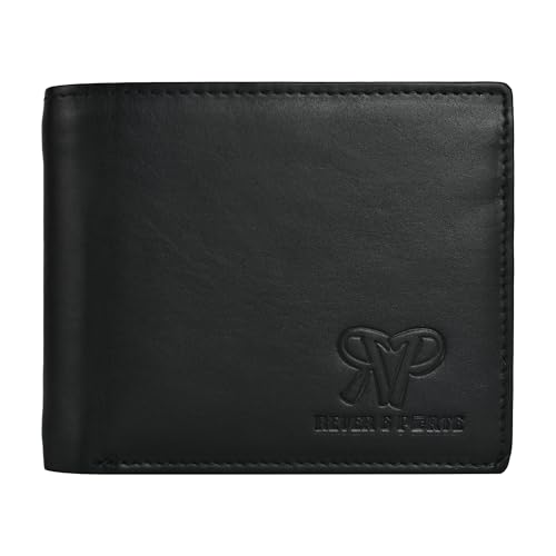 Image of Genuine Leather Wallet for Men Black | RFID Blocking | Bi fold,Tri fold | Classic Slim,Stylish Mens Wallet with Multiple Card Slots,Coin Pocket & ID Window | Gift for Men