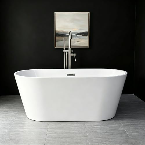 Image of 59 InchFreestanding Bathtub Acrylic Soaking Tub with Integrated Overflow, Modern Freestanding Tub /Free Standing Tub for Small Bathroom Remodel, Deep Soaking Comfort, Stand Alone Tub Spa Feel