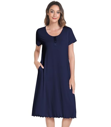 Image of NACHILA Bamboo Viscose Nightgown for Women Short Sleeve Crew Neck Sleepwear