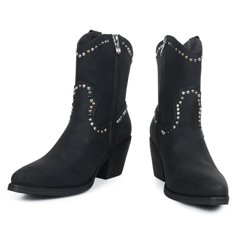 Womens Studded Cowboy Boots Fashion Vintage Sparkly Western Cowgirl Short Boots with Wide Calf Pointed Toe And Chunky Heel Design Ankle Boot3
