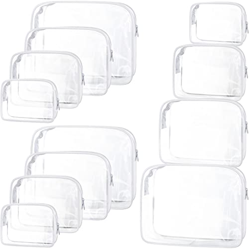 12 Pack Clear Cosmetic Bag Zippered Travel Toiletry Bags Transparent Makeup Pouch Portable PVC Waterproof Organizer 4 Sizes Plastic Carry Pouch for Women Men Travel Home Bathroom, White