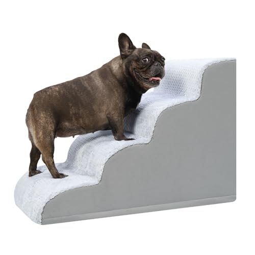 KSIIA Hundetreppe 4 Stufen, 50cm Hoch Haustiertreppe Hundetreppe für Kleine Hunde, Katzentreppe Hunderampe mit Waschbar Bezug für Bett, Couch, Sofa und Auto, 40x72x50cm, Grau