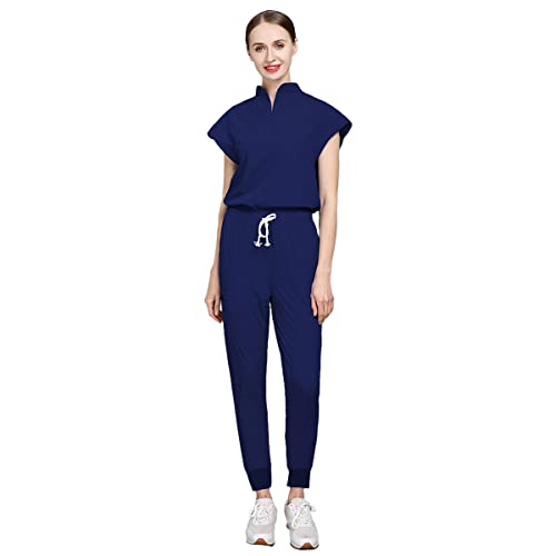 niaahinn Unsex Scrub Suit Set for Women V-Neck & Straight Leg Drawstring Pants Nursing Uniforms for Men Set (4 Colors) (Navy Blue,M,Medium)