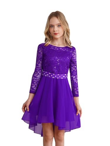 Kids Flower Girl Lace Chiffon Dress Long Sleeve High-Low Hem Junior Bridesmaid Dresses Proms Ball Gown