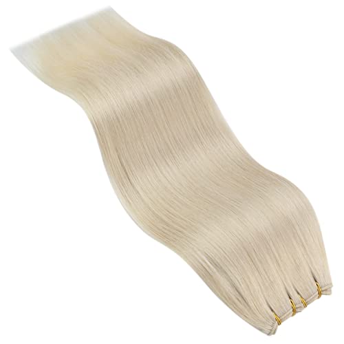 YoungSee 14inch Wefts Extensions Hand Tied Human Hair #60 Platinum Blonde Hair Weft Sew in Human Hair Bundles Double Wefted Remy Human Hair Weft Weave 100G