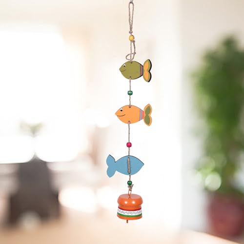 Image of Aakriti Art Creations Fish Trinity Hand Painted Wind Chime Multicolor | Handmade Wooden & Metal Windchimes for Home | Decorative Wind Chimes for Balcony, Garden, Living Room | Feng Shui Wind Chime