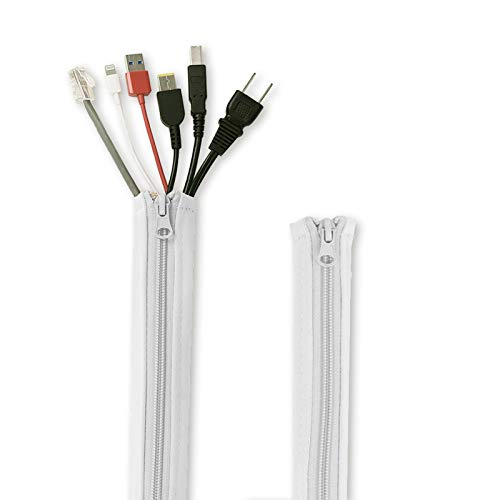 Cable Management Sleeve with Zip-up - 39 Inch Durable Adjustable Cord Sleeve Wire Cover Concealer Wrap Protect Cables from Pets Chewing for Computer/TV, Greyish White, 2 Pcs
