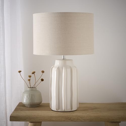 K LIVING Modern Ceramic Table Lamp with Linen Shade, 47 cm Height, Ribbed Base Design, Natural White