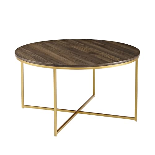 Walker Edison Cora Modern Round Faux Marble Top Coffee Table with X Base, 36 Inch, Walnut and Gold