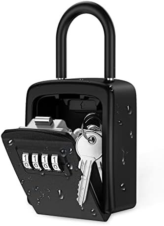 Key Lock Box, Newest Key Safe Box for Key, Weatherproof 4 Digit Combination Key Storage Lock Box, 5 Keys Capacity Lockbox with Removable Shackle for Indoor Outdoor, 3.66inch