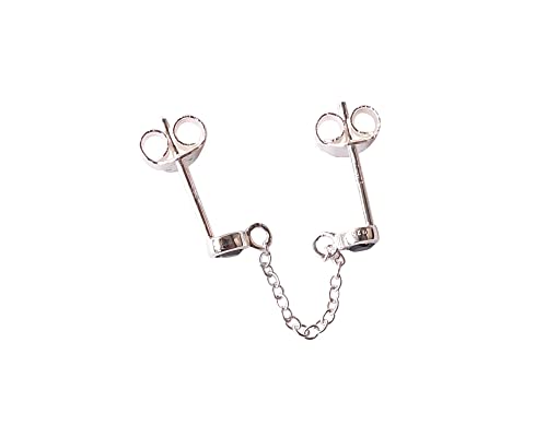 925 Sterling Silver Single - For One Ear - Double Piercing Tiny Round 3Mm Black Cz Stone Chain Stud Earrings - Dainty Studs For Women | Handmade By Miya Jewelry Creations (Black) #TOP3