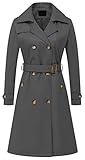 Chrisuno Long Trench Coats for Women Women's with Hood Coat Double-Breasted Classic Lapel Overcoat Belted Slim Outerwear Detachable Grey 3XL