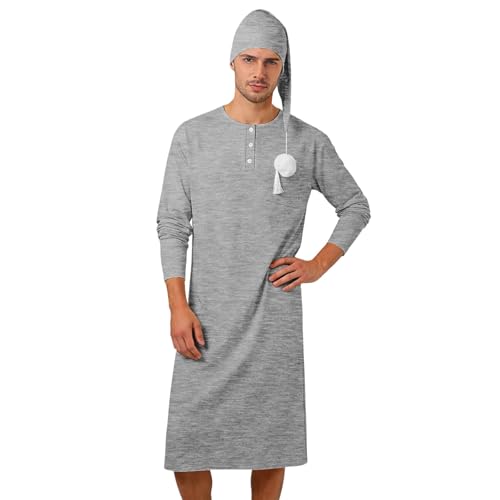 Camisón para hombre con gorro de dormir y botones pijama largo de algodón para casa