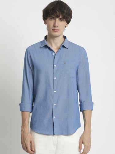 Image of The Bear House Men's Blue Solid Spread Collar Shirt with Brand Logo on Patch Pocket