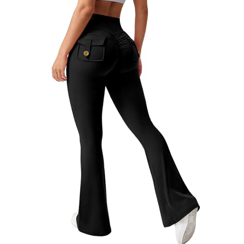 Black Cargo Flare Leggings with Pockets and Scrunch Butt
