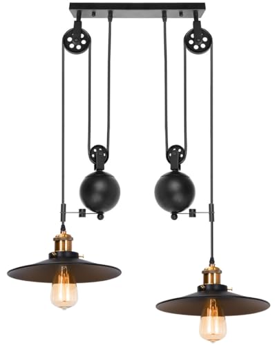 Lustre Suspension Industrielle Plafonnier Rétro avec Poulie en Métal Luminaire Suspension Intérieur Lampe de Plafond Réglable Ø 26cm pour Restaurant Salon...