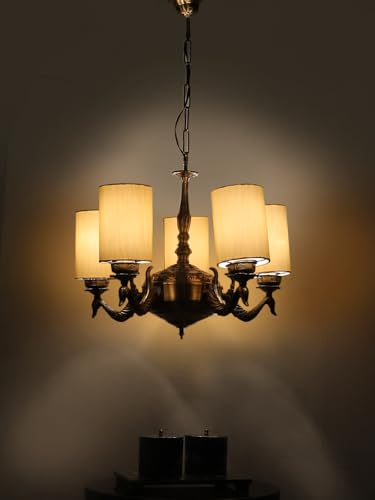 Image of Devansh 05-Light Conical Off-White Cotton Shade Chandelier - Antique Golden Finish | Adjustable Cord | Warm Glow Lamp - Ceiling Light for Living Room, Dining Area, Bedroom & Entryway Decor - D2