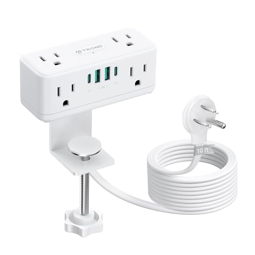 Image of TROND Compact Desk Clamp Power Strip 10 ft, Fit 2.16 inch Tabletop Edge, White | Flat Plug Fit Behind Furniture, 6 AC, 2 USB-C PD 20W, 2 USB-A, 900J, Space-saving for Small Home Office Desk Accessories