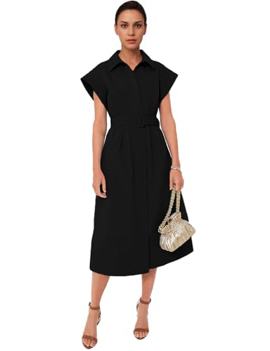 Women's Elegant Midi Shirt Dress Button Down Collared Trench Coat Business Dresses with Belt