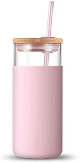 LINONI 500ml Summer Milk Juice Drinking Jar Transparent Straw Glass Cup Leakproof Water Bottle with Wooden Lid and Silicone Cover for Women Girls