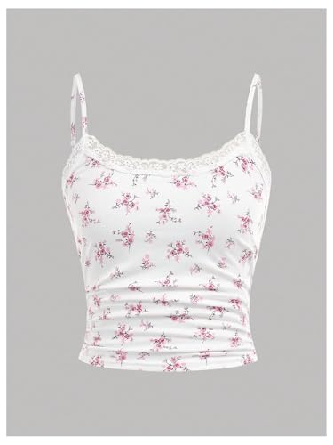 OYOANGLE Girl's 2 Piece Pajama Set Floral Print Lace Trim Spaghetti Strap Ruched Cami Top and Shorts Summer Sleepwear2