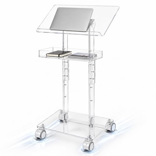 Fumete Acrylic Podium Stand 47"h Adjustable Height Rolling Podium with Wheels Storage Shelf Rolling Laptop Cart Storage Shelf Portable Lectern Pulpit for Church Wedding Classroom Speech by Fumete - Used condition - US$72.47
