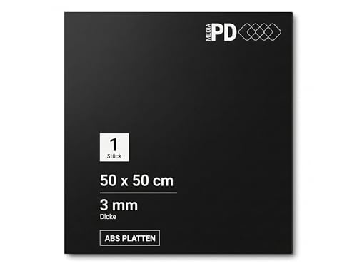 PD Media 1 Stück ABS Kunststoffplatte 3mm - 50x50 cm, Plastikplatte Schwarz Glatt, Thermoformbare ABS Platte für Modellbau, Basteln, Auto & DIY