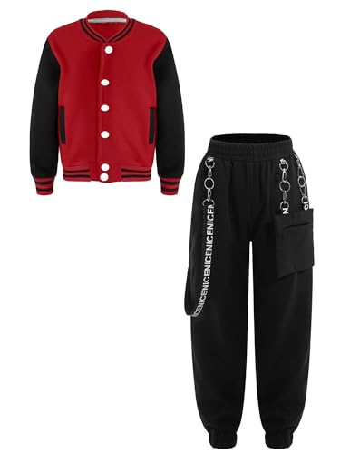 Girls Boys Long Sleeve Varsity Baseball Bomber Jacket Coat Button Sweatshirt Outwear with Cargo Sweatpants Set