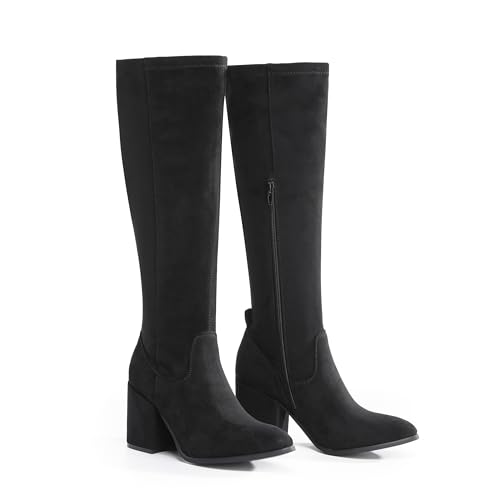 VIVASHOES Women’s Knee High Heeled Boots – Faux Suede Long Boots with Chunky Heel & Side and Pull On Tab – Stylish Tall Winter Booties for Autumn & Winter Outfits - Black 7