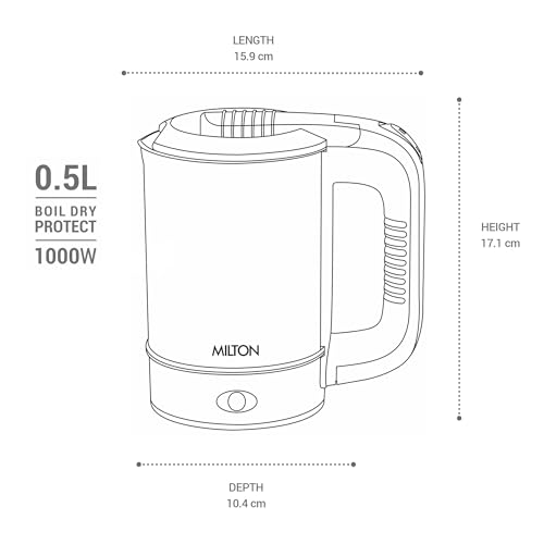 Image of MILTON Stainless Steel Euroline Electric Travel Kettle With Handle, 1000 Watt, 500 Ml | 2 Utility Cups | Auto Shut-Off | Concealed Heating Element | Power Indicator |1Year Warranty, Silver