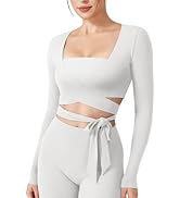 YEOREO Wrap Long Sleeve Cropped Top for Women Workout Pilates Ballet Tie Shirt for Dance Yoga Act...