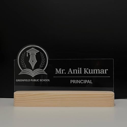 Image of Customised Acrylic Desk Name Lamp for Principal | Custom LED Light with School College Logo | Best Birthday Rakhi New Joining Office Gift for Vice Principal, Headmaster, Headmistress, School Director Admin Teacher (10 x 6 inch) (For Principal)