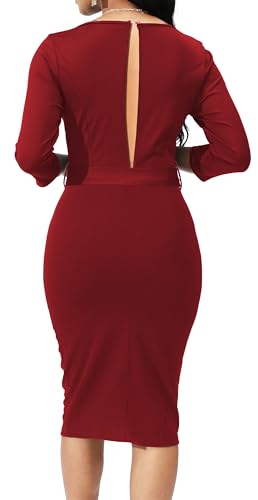 Women's Bodycon Pencil Dress Formal 3/4 Sleeve Crewneck Peplum Ruffle Hem Casual Party Work Midi Pencil Dresses3