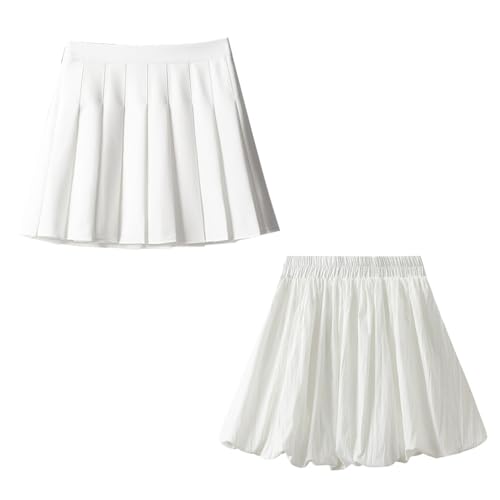 Women Bubble Skirt + Pleated Skirt, White, S