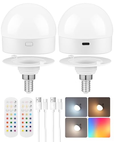 GOEBLESON Rechargeable Light Bulbs with Remote Control 2 Pack E12 Base Battery Operated Light Bulbs 3 Timer 15 Colors Selectable Dimmable Wireless RGB LED Bulb for Lamp Non-Hardwired R08YBP205