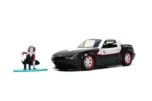 Jada 1990 Mazda Miata Black and White with Graphics and Ghost Spider Diecast Figure Spider-Man Marve